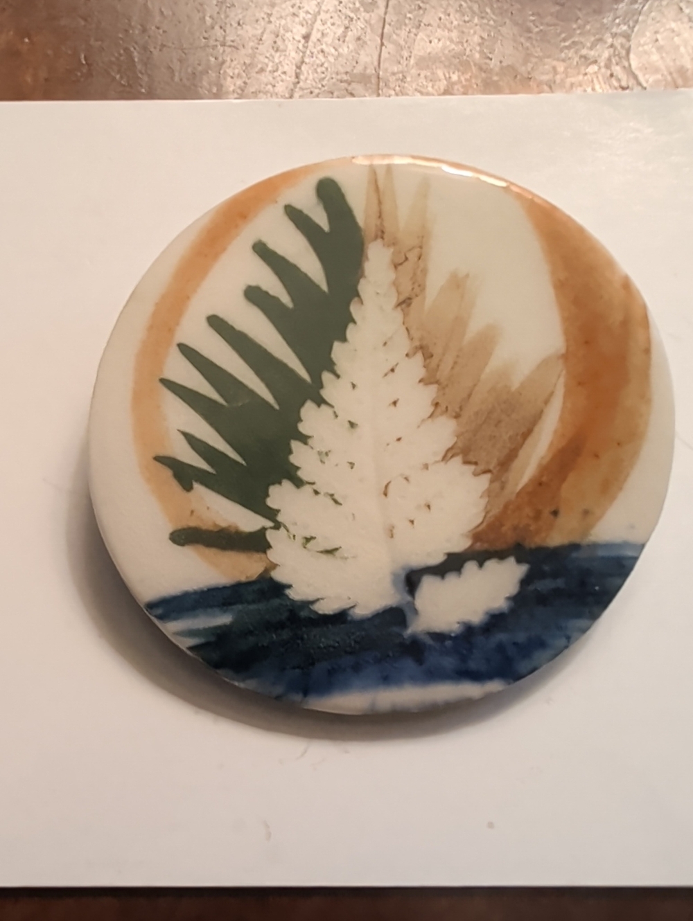 Ceramic Fern Leaf Pin Pottery Circular Round Brooch Green Blue brown 2" Art